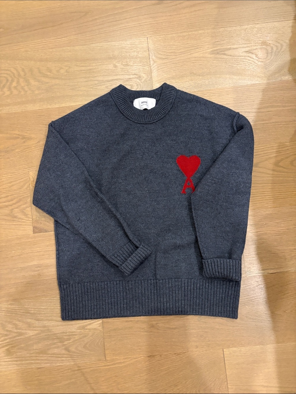 Ami Charcoal Crewneck Sweater with Red Heart 'A' Patch